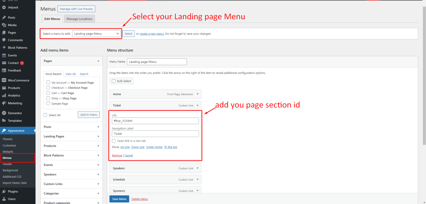 Add/ Customize Landing Page Menu – Eventiva WordPress Theme Documentation