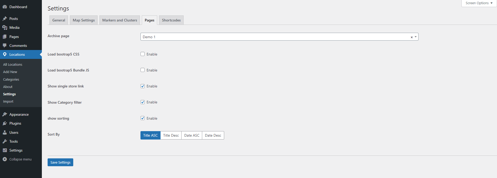 Archive page, Enable single store link and Assets Settings – Control ...