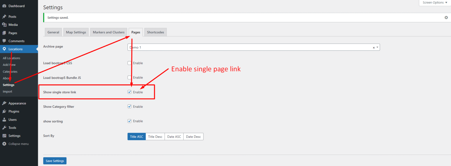 Archive page, Enable single store link and Assets Settings – Control ...